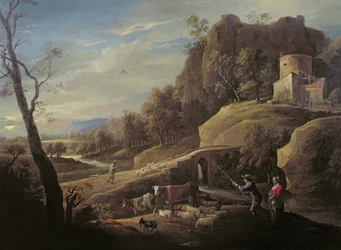 Landschap met boeren die hun dieren verzorgen