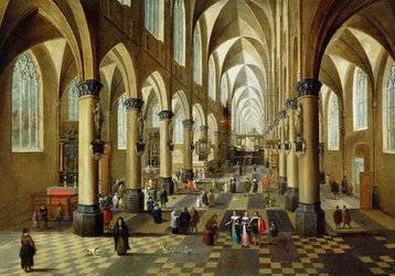 Figuren verzameld in een kerkinterieur, 17e eeuw