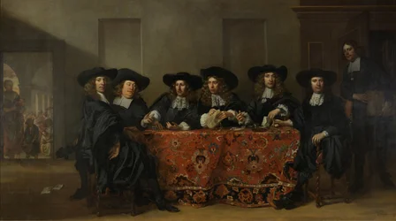 Zes regenten en de huismeester van het Oude Zijds Instituut voor de Buitenzorg van de Armen, Amsterdam, 1675
