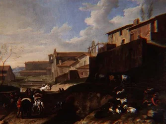 Capriccio uitzicht met kerken, huisjes en reizigers