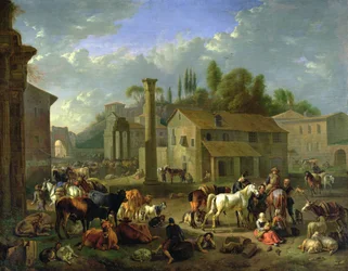 Soldaten rustend in een dorp, ca.1697 (olieverf op doek)