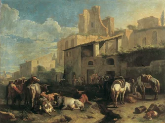 Reizigers en verschillende dieren stoppen voor een herberg met Romeinse ruïnes op de achtergrond
