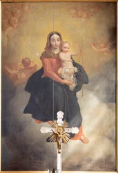 Binnenaanzicht, schilderij "Onze Lieve Vrouw met Kind met Rozenkrans", altaarstuk op het hoofdaltaar door Pierre Van Hanselaere
