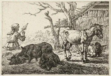 Varkens en ezels bij een stal, links een vrouw-spinner