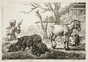 Varkens en ezels bij een stal, links een vrouw-spinner