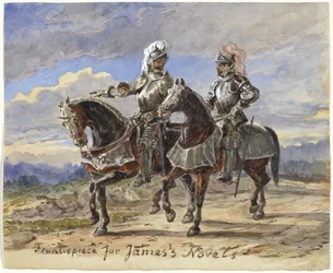 Twee ridders te paard in een landschap