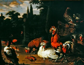 Een haan, kippen, kuikens en eenden in een tuin