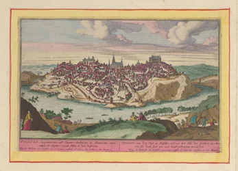 Gezicht op de stad Toledo. Toledo, aan de Tajo, in Castilië, weleer het hof der Goten en Moren, die deze stad met veel hoofdgebouwen versierden (titel op het object). Theatrum Hispaniae (...) (serietitel)