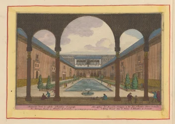 Hof in het Alhambra te Granada. Het lusthof der Moorse koningen in het slot Alhambra, binnen Granada (titel op het object). Theatrum Hispaniae (...) (serietitel)