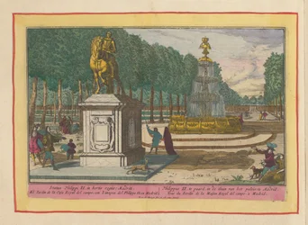 Ruiterstandbeeld van Filips II in de paleistuin te Madrid. Filips II te paard, in de tuin van het paleis te Madrid. Theatrum Hispaniae (...)