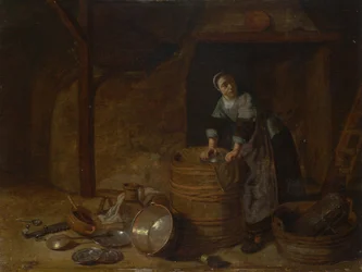 Een vrouw die een pot schrobt, ca. 1650-1660