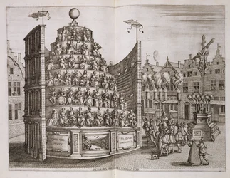 Illustratie van een verplaatsbaar theater, uit 