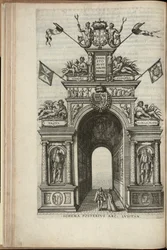 Rivieren Tagus, Plata, Ganges en Hydaspes. De achterkant van de Portugese triomfboog, Intocht van Ernst, Aartshertog van Oostenrijk, in Antwerpen, gepubliceerd 1595 (gravure)