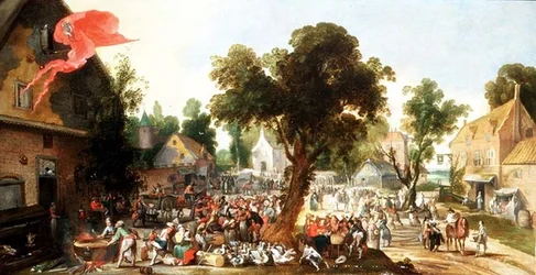 Boeren vieren een feestdag in een dorpsstraat