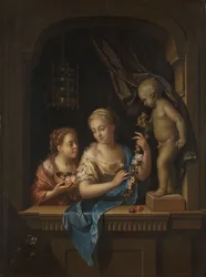 Twee meisjes met bloemen bij een beeld van Cupido