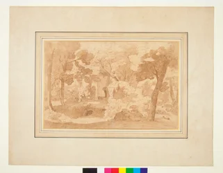 Landschap met een verwoest gebouw tussen bomen