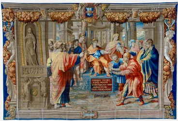 Zeventiende-eeuws wandtapijt dat de Verblinding van de Tovenaar Elima afbeeldt