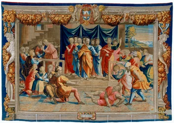 Zeventiende-eeuws wandtapijt dat de Dood van Anania afbeeldt