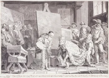 Keizer Karel V die het penseel van Titiaan oppakt