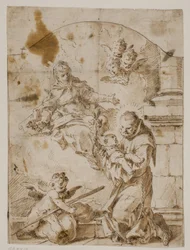 Sint Antonius van Padua knielt met het Christuskind in zijn armen terwijl de Maagd en engelen in de lucht verschijnen
