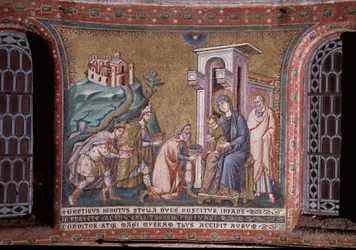 Aanbidding van de Mozaïek Wijzen van de apsis van Pietro Cavallini (actief rond 1273-1330) eind 13e eeuw (Aanbidding van de wijzen, mozaïek van de apsis door Pietro Cavallini, eind 13e eeuw) Rome, Kerk Santa Maria in Trastevere Italië