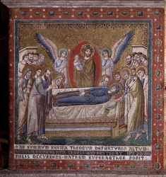 De mozaïekdormitie van de apsis van Pietro Cavallini (actief rond 1273-1330) eind 13e eeuw (Transitus van de Maagd, mozaïek van de apsis door Pietro Cavallini, eind 13e eeuw)