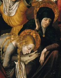 Kruisafneming (Deposizione), detail van Maria Magdalena die de voeten van Christus omhelst, begin 16e eeuw