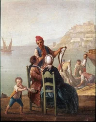 Een visverkoper en een paar, detail, 18e eeuw, Museo Nazionale di San Martino, Napels