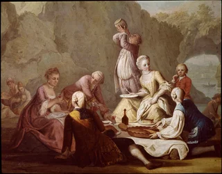 Banketscène in Posillipo (Pausilippe), Napels. Detail van picknickende aristocraten - Banket in Posillipo - Detail van aristocraten - 18e eeuw, Museo Nazionale di San Martino, Napels