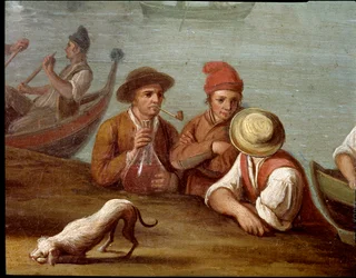 Banketscène in Posillipo (Pausilippe), Napels, detail met vissers - Banket in Posillipo - detail met vissers. Pietro Fabris. 18e eeuw. Museo Nazionale di San Martino, Napels