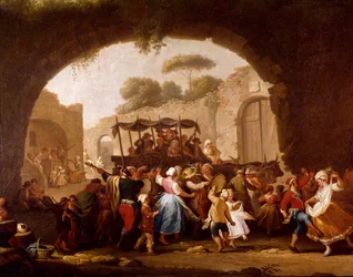 Dansscène en volksfeest in Napels, detail. Tarantelladansers (tarantella, tarantella). Pietro Fabris (actief tussen 1763 en 1776), 18e eeuw, Napels, Museo Nazionale di San Martino