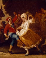 Dansscène en volksfeest in Napels, detail van de tarantella (tarantella, tarantella), 18e eeuw, Napels, Museo Nazionale di San Martino
