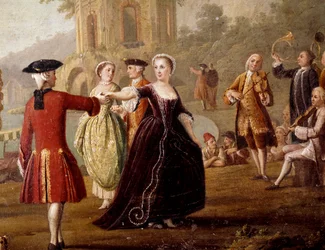 Voorname dans- en feestscène in Napels. Dansers in een park. 18e eeuw. Napels, Museo Nazionale di San Martino