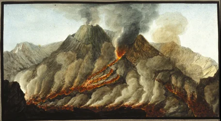 De uitbarstende Vesuvius. Deze gouache werd uitgevoerd door Pierre Fabris, op verzoek van Sir William Hamilton, Engels ambassadeur in Napels. Bibl. Braidense, Milaan