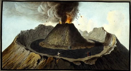 De uitbarstende Vesuvius. Deze gouache werd uitgevoerd door Pierre Fabris, op verzoek van Sir William Hamilton, Engelse ambassadeur in Napels