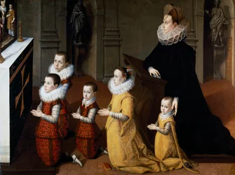 Portret van Chiara Albini Petrozzani met hun kinderen in gebed
