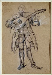 Een gitarist. Tekening door Pietro Longhi