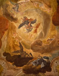 Italië, Venetië, Grote Trap in Palazzo Sagredo, val van reuzen, fresco door Pietro Longhi