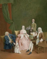 Portret van een Venetiaanse familie met een bediende die koffie serveert