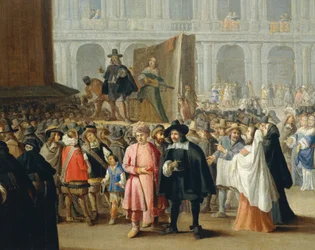 Voorstelling van komieken tijdens het carnaval op het San Marcoplein in Venetië, uit de school van Pietro Longhi, (detail)
