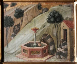 Detail van het altaarstuk van Carmel: een kluizenaar met de fontein van Elia