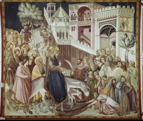 Intocht van Christus in Jeruzalem - Fresco door Pietro Lorenzetti (1280-1348)