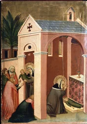 De heilige wekt de zoon van een heer op (Polyptiek van het leven van Sint Nederigheid) 14e eeuw