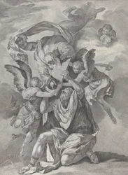 Mozes ontvangt de Tafelen van de Wet van God die uit de Hemel Neerdaalt