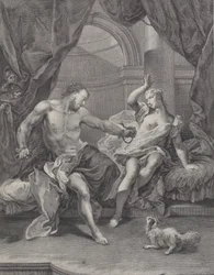 Simson en Delila zittend op een bed, Simson die de touwen die zijn hand binden verscheurt..., ca. 1730-39