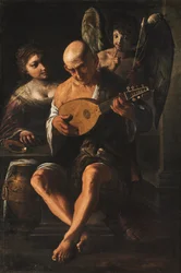 Een oudere man die gitaar speelt met een vrouw en een putto aanwezig