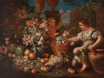 Een jongen en een putto tussen bloemen en fruit