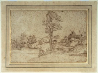 Landschap met een meer en gebouwen, een moeder en kind zittend bij een boom