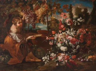 Een meisje tussen bloemen en fruit