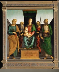 Madonna met de heiligen Petrus, Johannes Evangelist, Johannes Baptist en Paulus (olieverf op populierenhout)